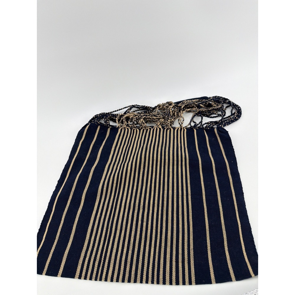 Handmade Woven Navy Blue Gold Color Striped Tote Bag Braided Handles Boho Market